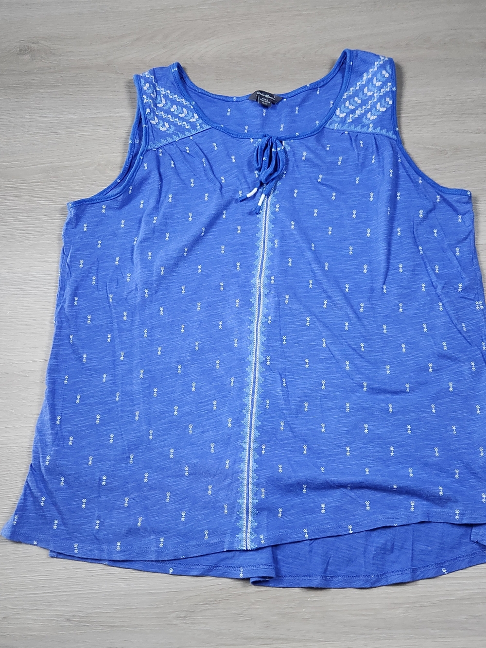 Eddie Bauer Blue Sleeveless Blouse XL Cotton Modal Tie Neck Boho Print Top